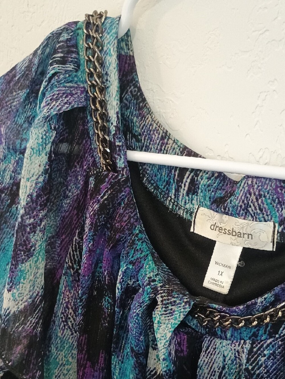 dressbarn Teal & Purple Chain-Trim Flutter Sleeve Blouse - Picture 4 of 9